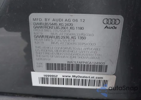 2012 Audi Q5 2.0T Premium z USA, uszkodzony, nr VIN WA1LFAFP4CA124903